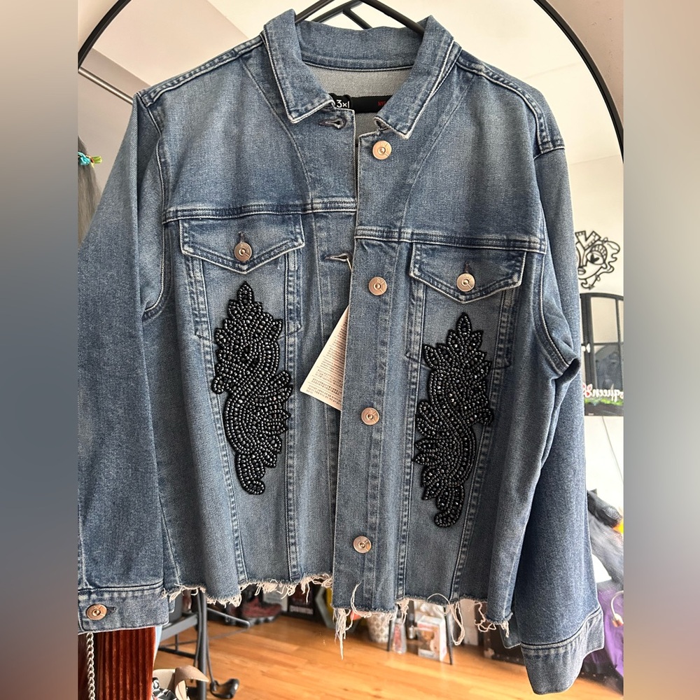 3xl Brand Denim Jean Jacket With Beaded Design - blue